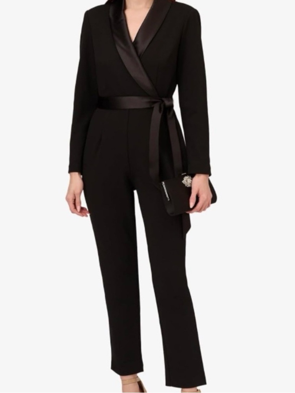 Adrianna Papell Black Long-Sleeve Jumpsuit with Satin Waistband